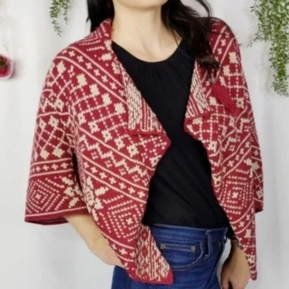 CAbi Fair Isle Shrug Cardigan Sweater Burgundy Cream Size Medium